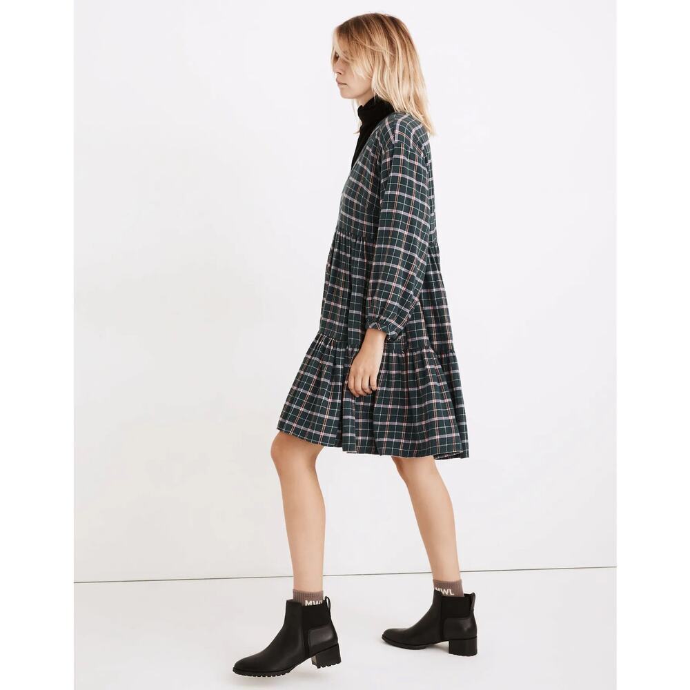 Madewell 4 Flannel Colette Mini Dress in Plaid Midnight Green NB856 - Picture 3 of 13